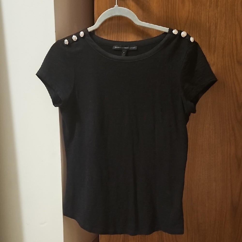 White House Black Market Black Short Sleeve Top with Button Accents Small
